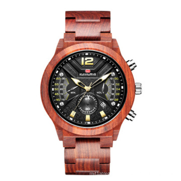 KUNHUANG 1022 Handmade custom wooden watch men blue dial casual sports luxury brand luminous multifunctional wild quartz watch